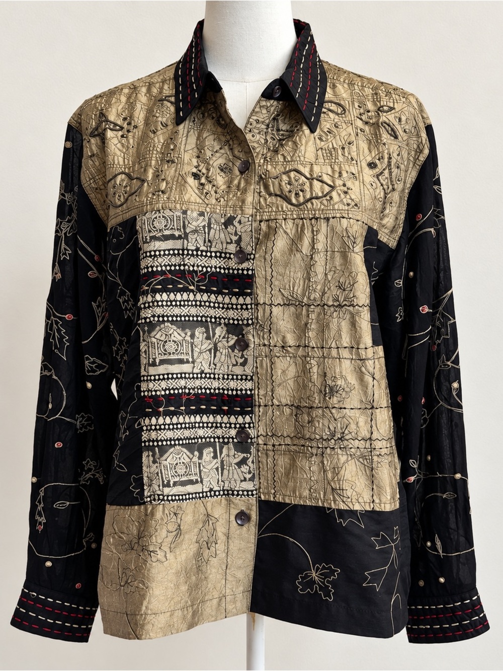Chico’s Silk Blend Patchwork Jacket Women’s 1 M Beaded Embroidered Wearable Art
